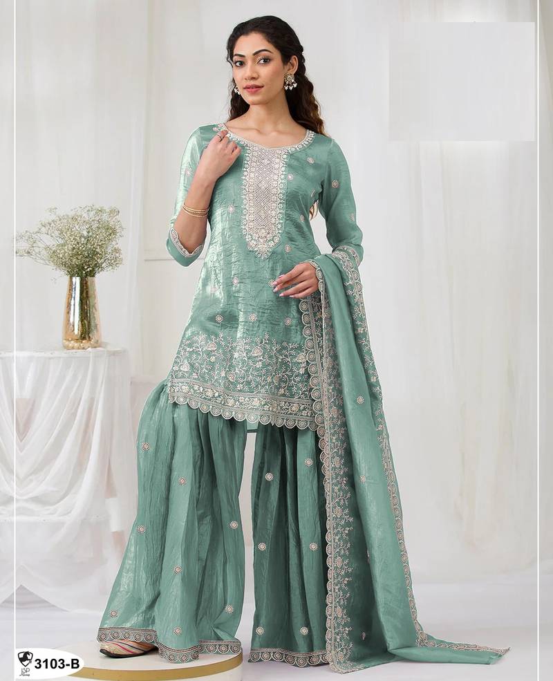 Turquoise color gold crush party wear salwar suit