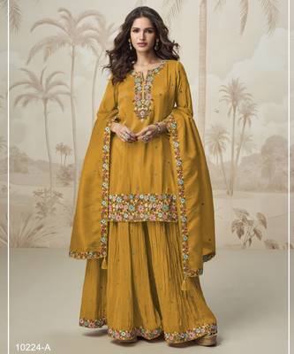 Yellow color roman silk heavy embroidery work wedding wear plazo set 1