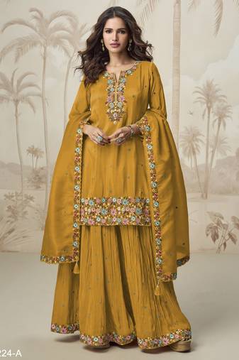 Yellow color roman silk heavy embroidery work wedding wear plazo set