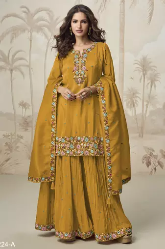 Yellow color roman silk heavy embroidery work wedding wear plazo set