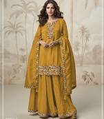 Yellow color roman silk heavy embroidery work wedding wear plazo set
