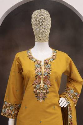 Yellow color roman silk heavy embroidery work wedding wear plazo set 2