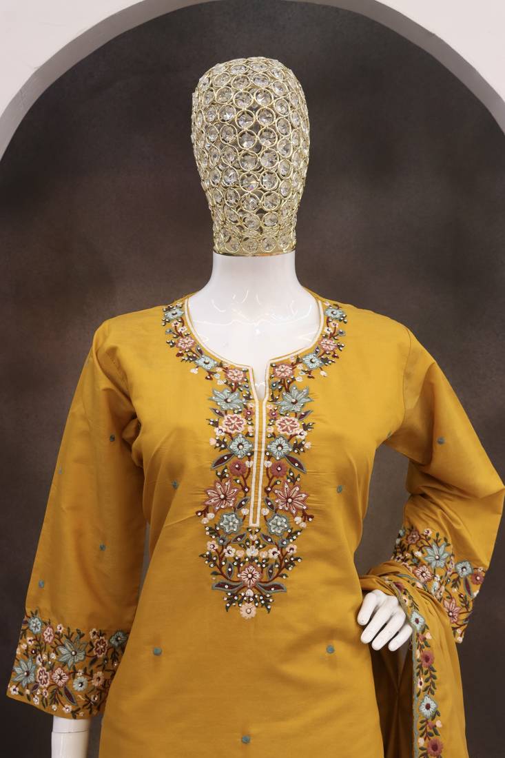 Yellow color roman silk heavy embroidery work wedding wear plazo set