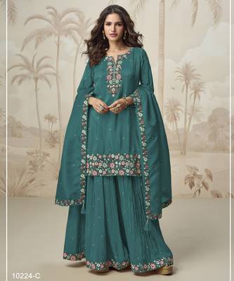 Teal color roman silk heavy embroidery work wedding wear plazo set 1