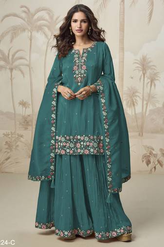 Teal color roman silk heavy embroidery work wedding wear plazo set