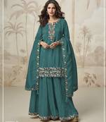 Teal color roman silk heavy embroidery work wedding wear plazo set
