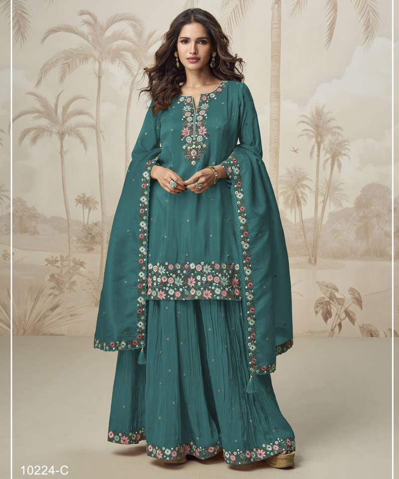 Teal color roman silk heavy embroidery work wedding wear plazo set