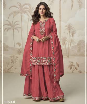 Orange color roman silk heavy embroidery work wedding wear plazo set 1
