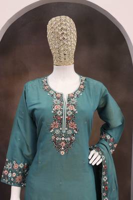 Teal color roman silk heavy embroidery work wedding wear plazo set 2