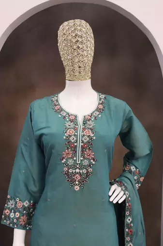 Teal color roman silk heavy embroidery work wedding wear plazo set