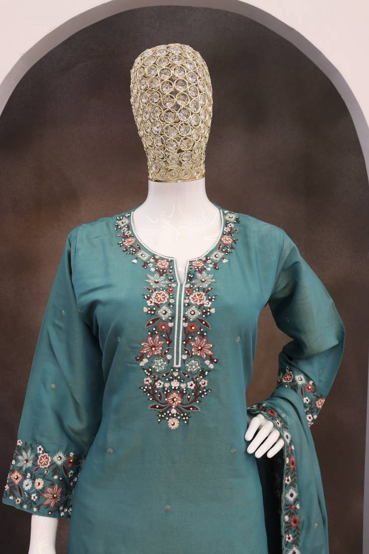 Teal color roman silk heavy embroidery work wedding wear plazo set