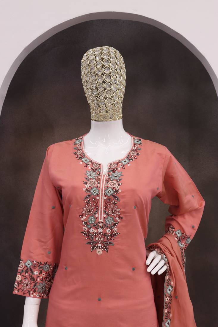 Orange color roman silk heavy embroidery work wedding wear plazo set