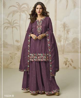 Onion color roman silk heavy embroidery work wedding wear plazo set 1