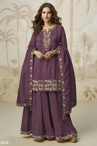 Onion color roman silk heavy embroidery work wedding wear plazo set