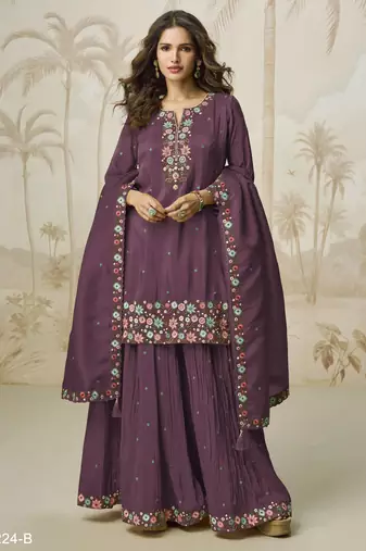 Onion color roman silk heavy embroidery work wedding wear plazo set