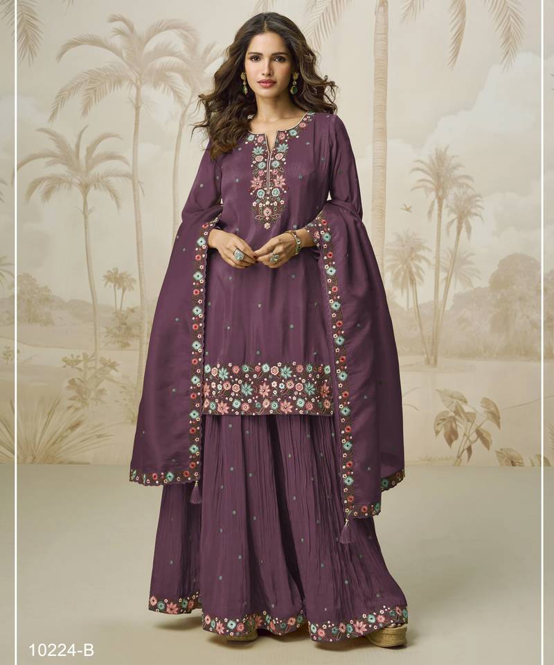 Onion color roman silk heavy embroidery work wedding wear plazo set