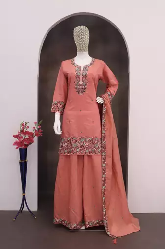 Orange color roman silk heavy embroidery work wedding wear plazo set