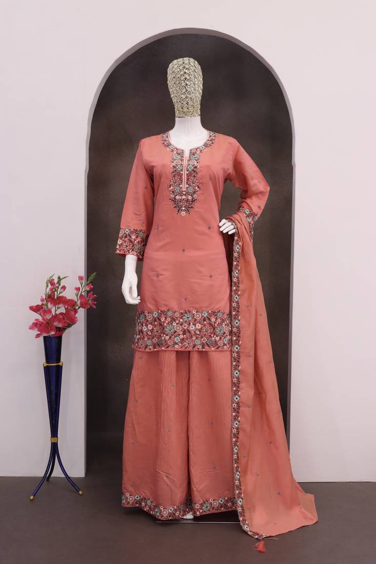 Orange color roman silk heavy embroidery work wedding wear plazo set