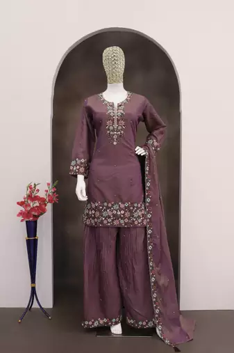 Onion color roman silk heavy embroidery work wedding wear plazo set