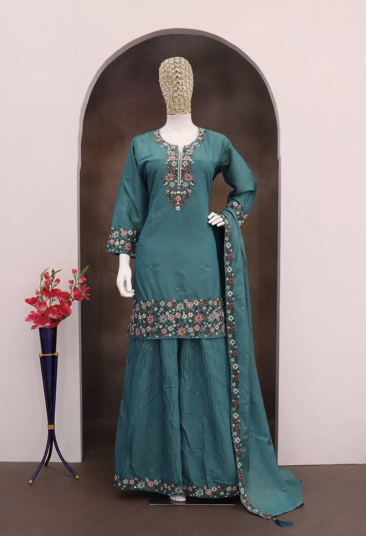 Teal color roman silk heavy embroidery work wedding wear plazo set