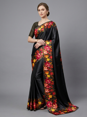 black satin saree with floral printed work 1