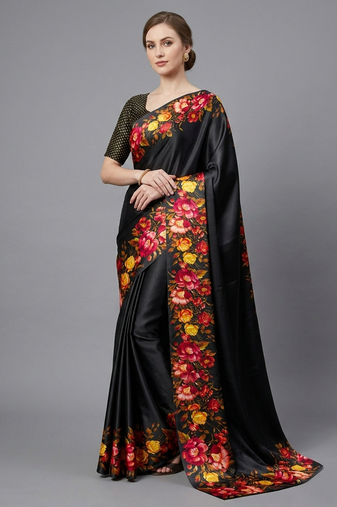 black satin saree with floral printed work