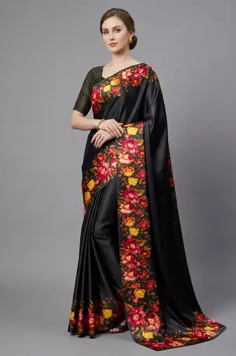 Black printed satin saree with blouse piece