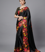 Black printed satin saree with blouse piece