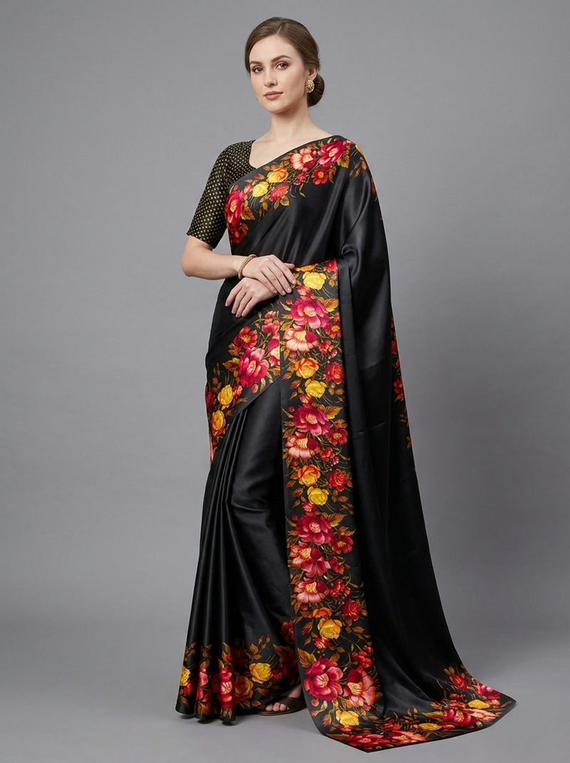 Black printed satin saree with blouse piece