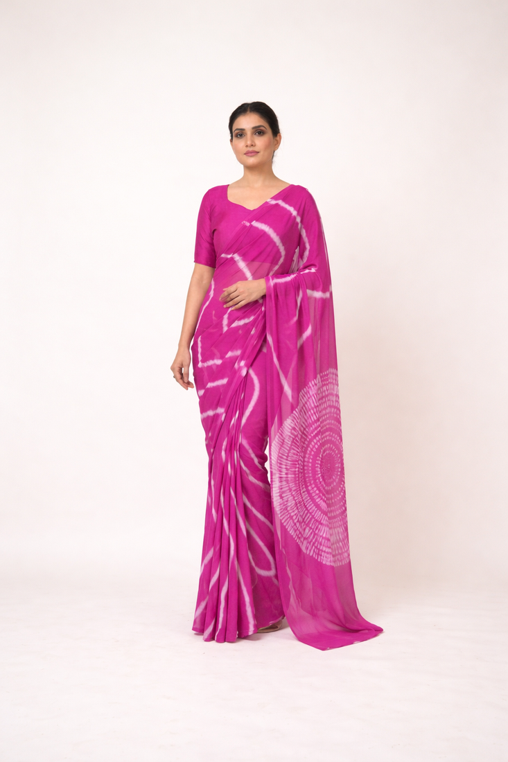 Pink printed art silk saree with blouse piece