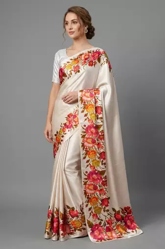 White printed satin saree with blouse piece