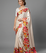 White printed satin saree with blouse piece