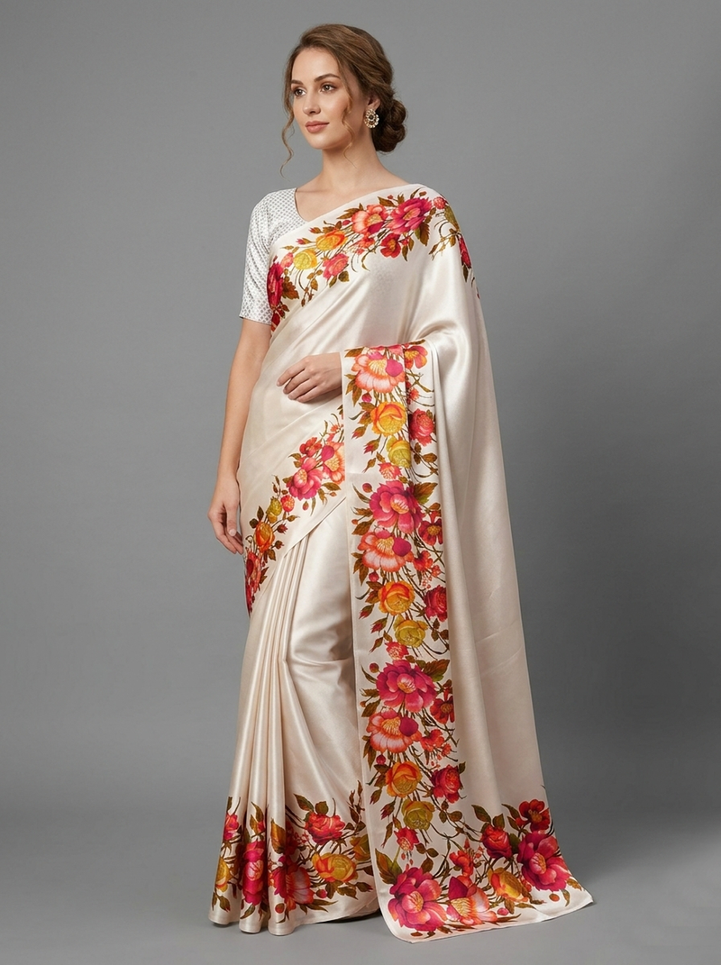 White printed satin saree with blouse piece