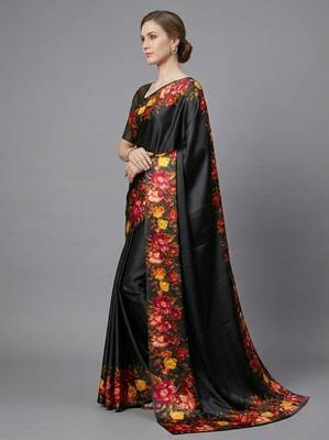 black satin saree with floral printed work 2
