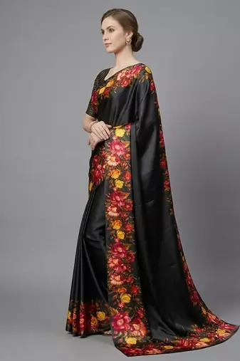 black satin saree with floral printed work