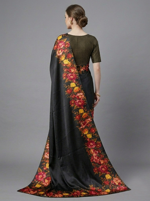 black satin saree with floral printed work 3