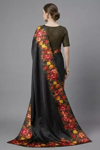 black satin saree with floral printed work
