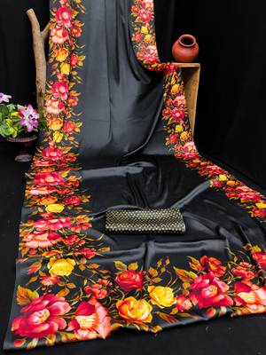 black satin saree with floral printed work 4