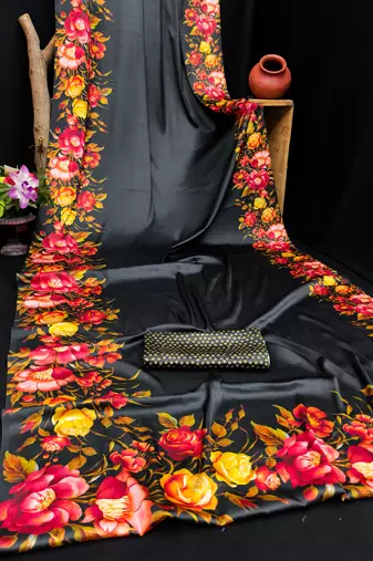 black satin saree with floral printed work