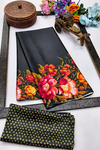 black satin saree with floral printed work