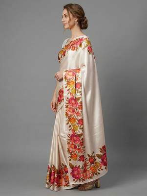 white satin saree with printed floral design 2