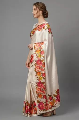white satin saree with printed floral design