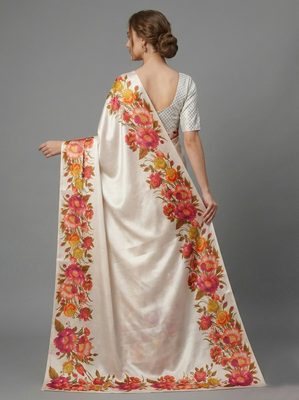 white satin saree with printed floral design 3