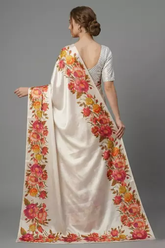 white satin saree with printed floral design