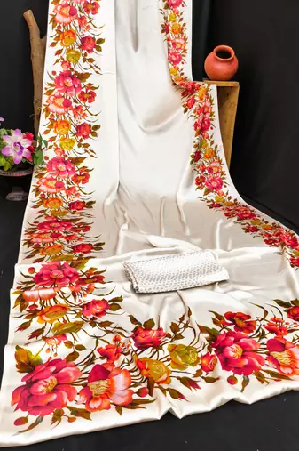 white satin saree with printed floral design