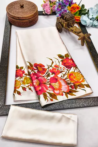 white satin saree with printed floral design