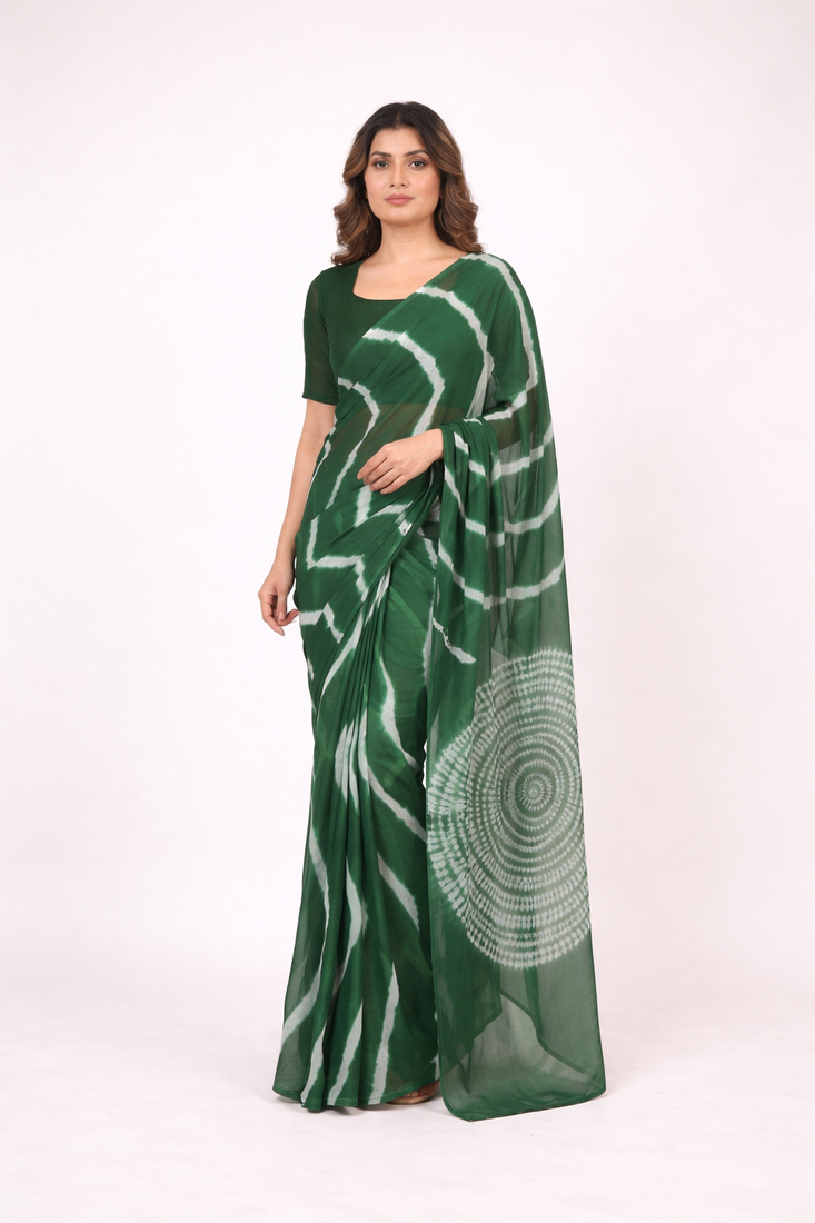 Dark green printed art silk saree with blouse piece
