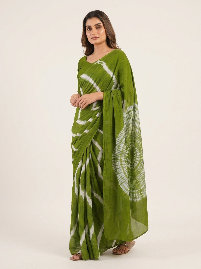 Mehendi printed art silk saree with blouse piece