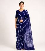 Navy blue printed art silk saree with blouse piece
