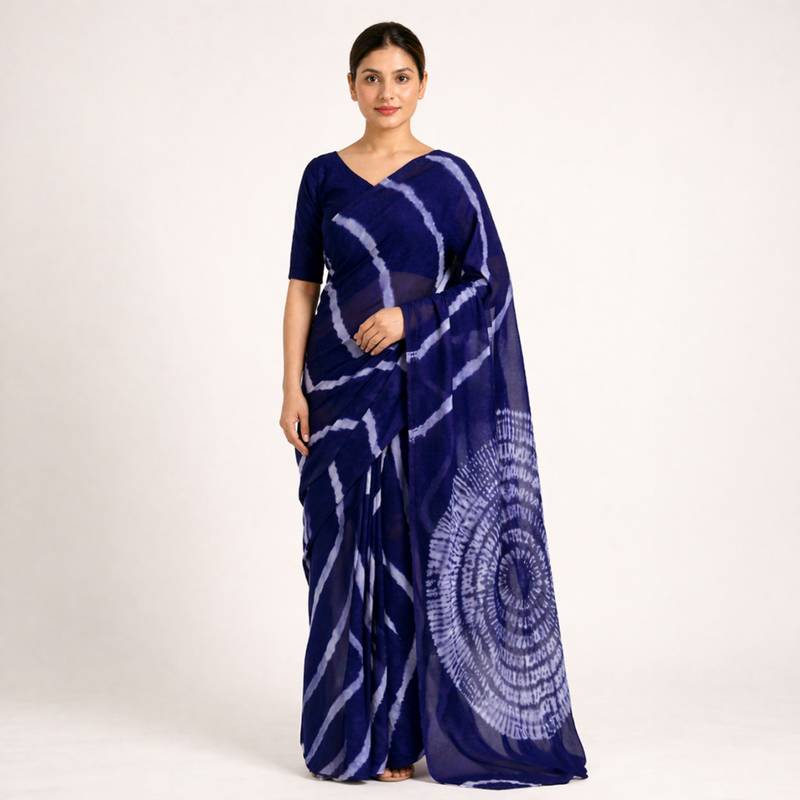 Navy blue printed art silk saree with blouse piece